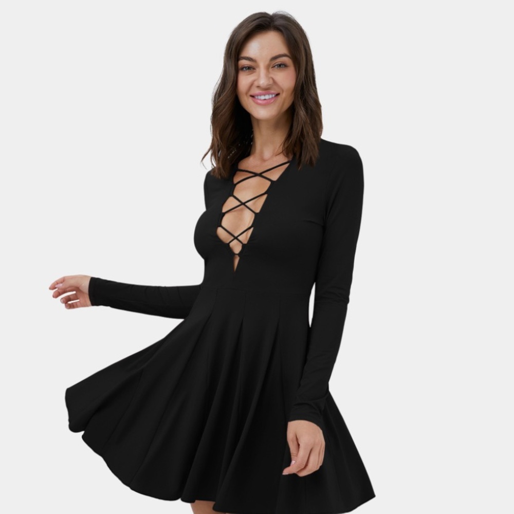 Crisscross Lace Up Cut Out Flare Mini Casual Dress